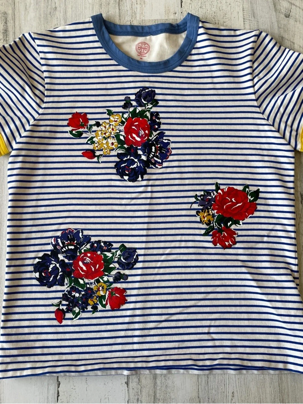 Tory Burch Top M Striped Tee White with Blue Stripes with Red Floral Accents